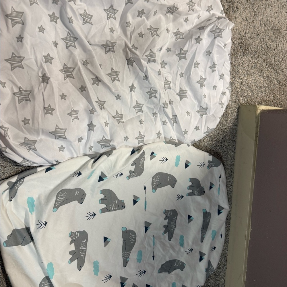 Gray and White Star and Bear bassinet sheets